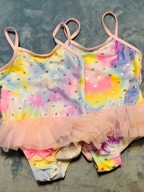 Twin Girls 3T Pastel Rainbow Heart Tutu Swimsuits